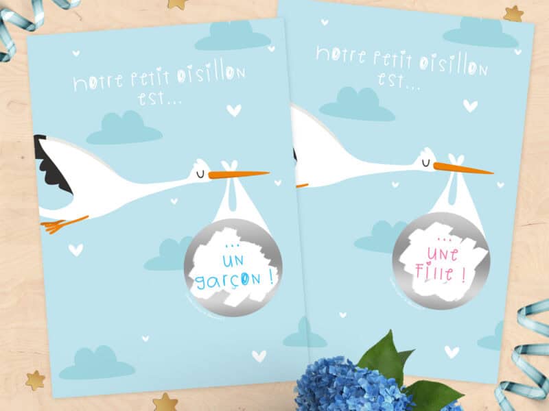 Carte à gratter annonce bébé fille ou garçon cigogne