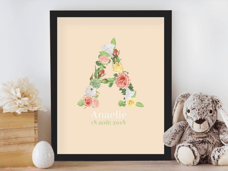 Affiche de naissance personnalisée pour chambre de bébé ou enfant - Cadeau de naissance, affiche initiale fleurie