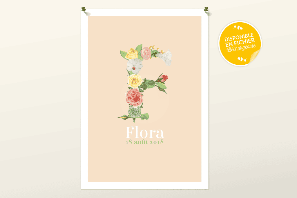 Affiche de naissance personnalisée pour chambre de bébé ou enfant - Cadeau de naissance, affiche initiale fleurie