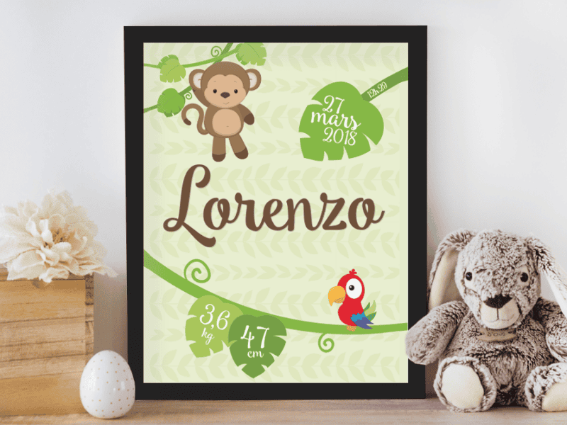 Affiche de naissance personnalisée pour chambre de bébé ou enfant - Cadeau de naissance, affiche jungle