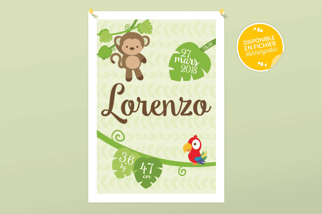 Affiche de naissance personnalisée pour chambre de bébé ou enfant - Cadeau de naissance, affiche jungle