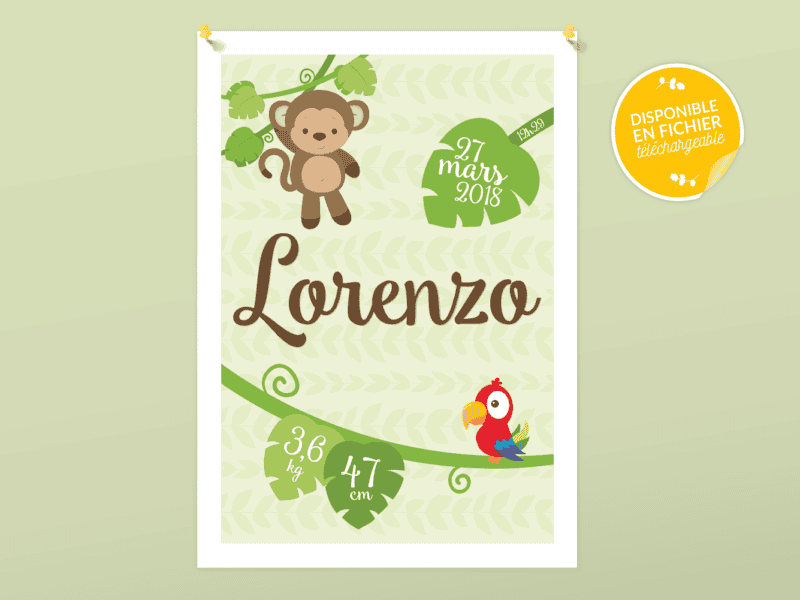 Affiche de naissance personnalisée pour chambre de bébé ou enfant – Cadeau de naissance, affiche jungle Affiche de naissance personnalisée pour chambre de bébé ou enfant - Cadeau de naissance, affiche jungle