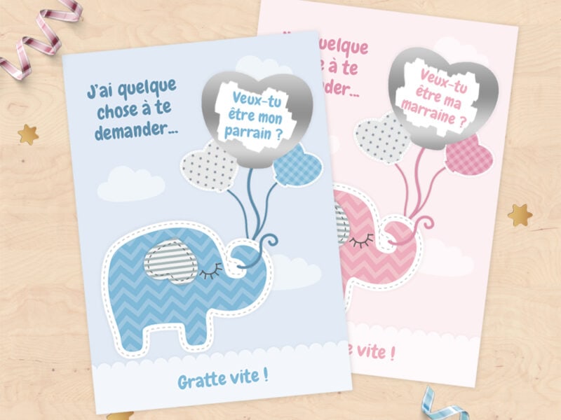 Carte à gratter demande de parrain/marraine, cadeaux parrain et marraine pour baptême - Collection doudou éléphant