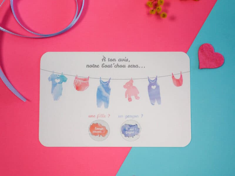 Mini carte à gratter pour annoncer fille ou garçon – modèle linge aquarelle – jeu baby shower