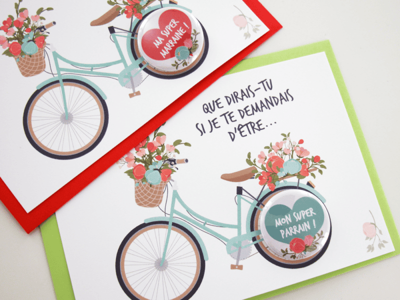 Carte badge cadeaux demande de parrain/marraine pour baptême - Collection vélo fleuri