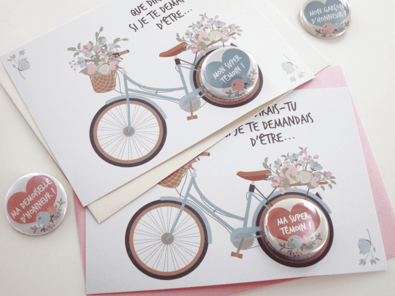 Carte-badge cadeaux demande témoin de mariage, super témoin, demoiselle d'honneur - Collection vélo fleuri