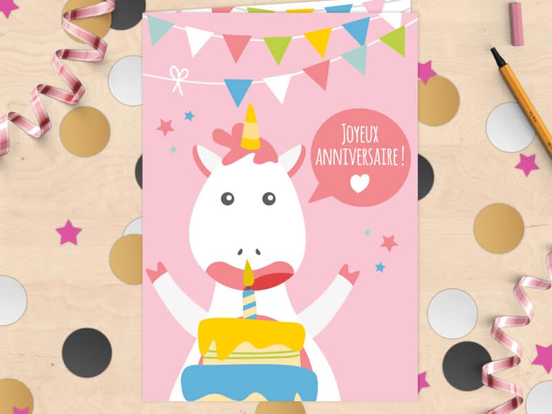 Carte d'anniversaire licorne et confetti