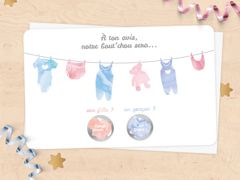 Annoncez le sexe de votre bébé de façon originale avec cette jolie carte à gratter thème aquarelle ! Disponible à l’unité ou en lot pour vos proches ou une baby shower