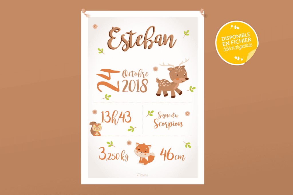 Affiche de naissance personnalisée pour chambre de bébé ou enfant - Cadeau de naissance, affiche Animaux d'Automne