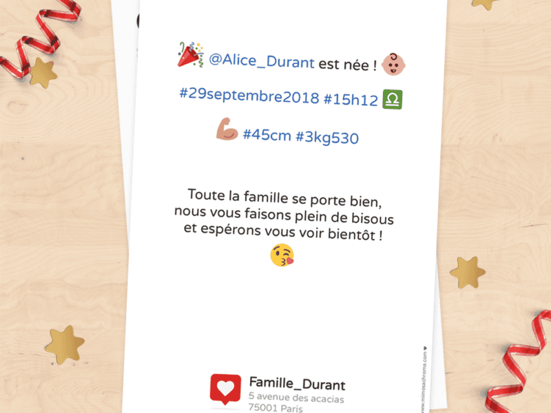 Faire-part de naissance personnalisable (fille ou garçon) – Style Instagram, publication réseaux sociaux