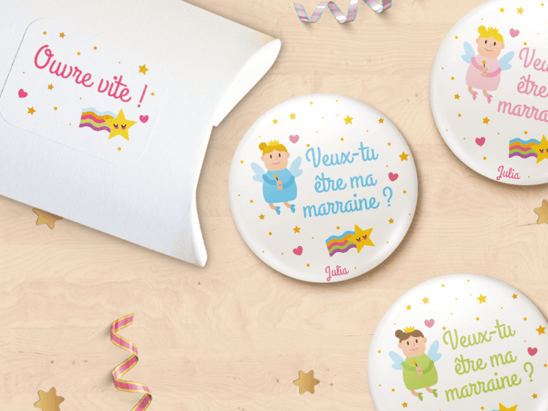 Badge ou magnet personnalisé pour demande de marraine