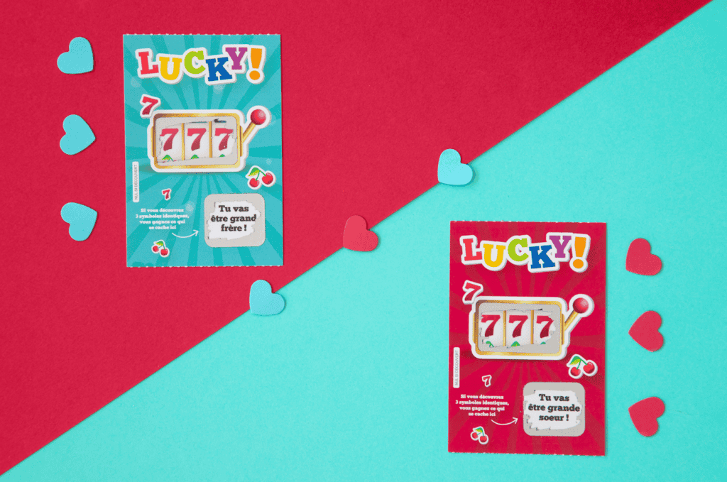 Carte à gratter annonce grossesse - Style ticket de jeu à gratter pour futur grand frère, grande soeur