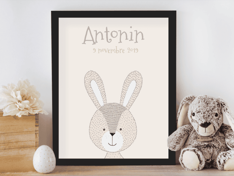 Affiche de naissance personnalisée pour chambre de bébé/enfant - Cadeau de naissance, affiche animaux style crayonnés lapin, tigre ou ours