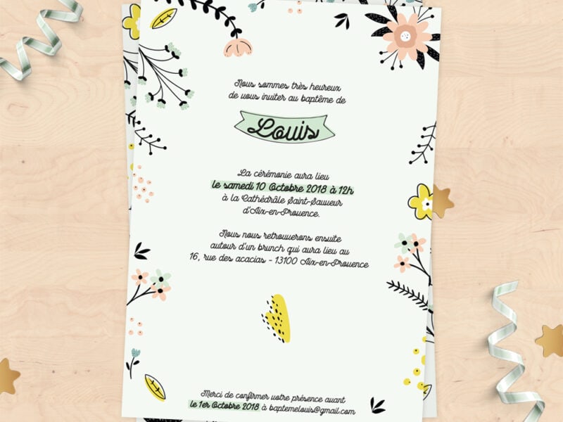 Faire-part de baptême personnalisé, fleurs scandinaves