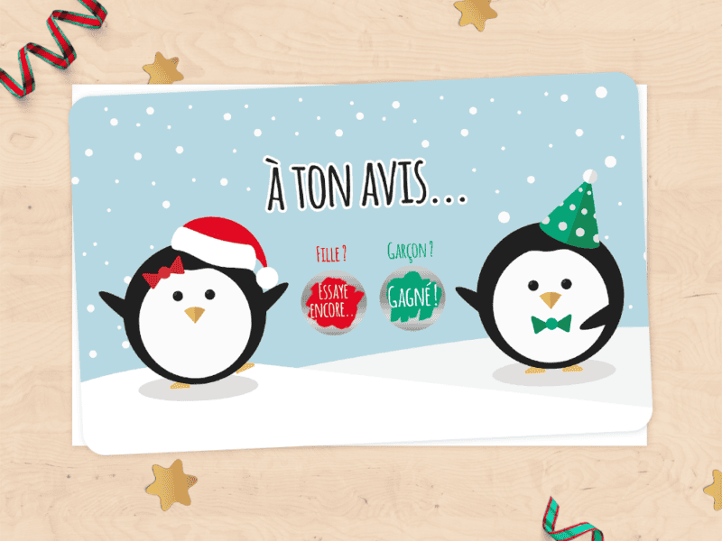 Mini carte à gratter annonce sexe du bébé - pingouins de noël