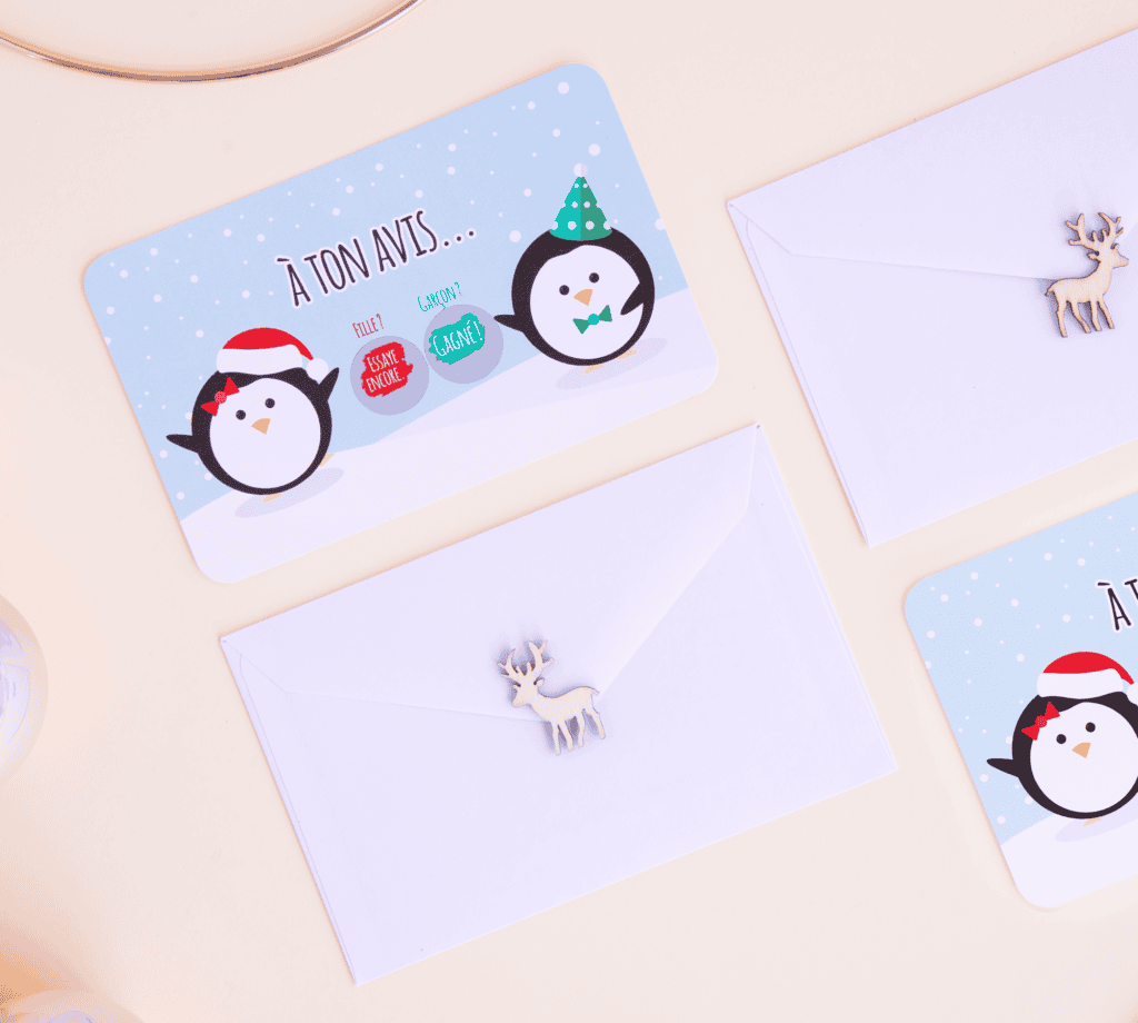 Mini carte à gratter annonce sexe du bébé, fille ou garçon- pingouins de noël