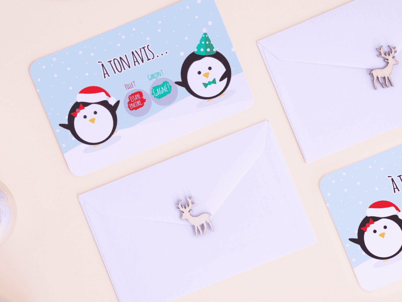 Mini carte à gratter annonce sexe du bébé, fille ou garçon- pingouins de noël