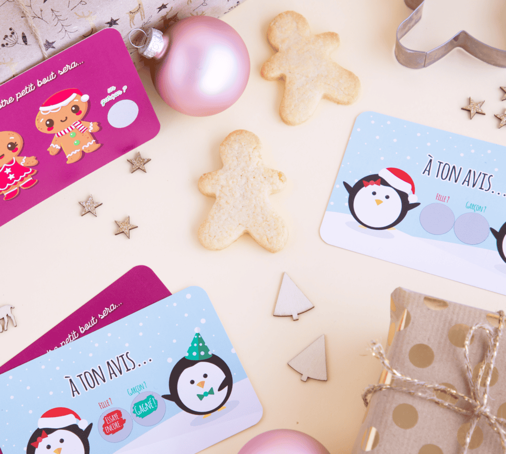 Mini carte à gratter annonce sexe du bébé, fille ou garçon- pingouins de noël