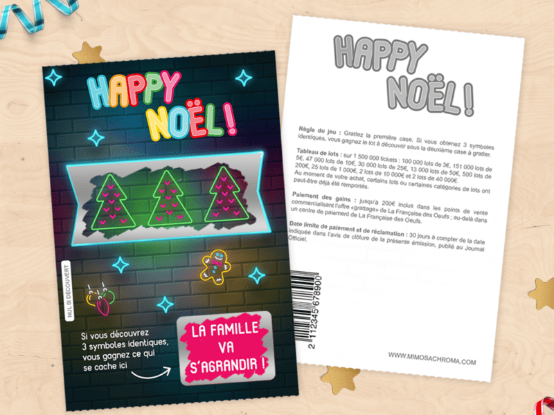 Carte à gratter annonce grossesse – Style ticket de jeu à gratter spécial Noël