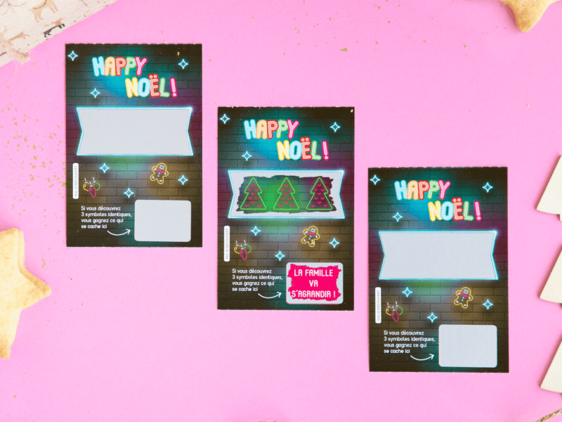 Carte à gratter annonce grossesse – Style ticket de jeu à gratter spécial Noël Carte à gratter annonce grossesse – Style ticket de jeu à gratter spécial Noël