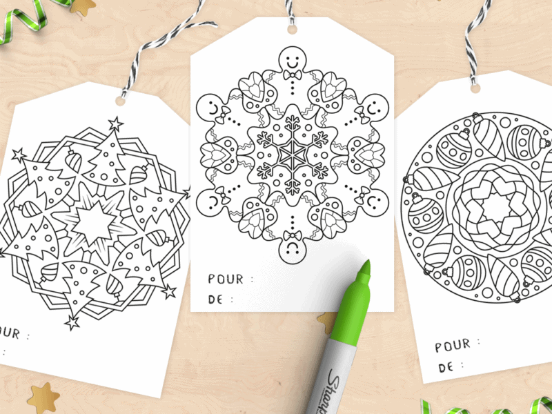 Lot de 9 tags pour cadeaux de noël - A colorier, style mandala