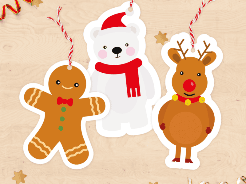 Lot de 9 tags pour cadeaux de noël - Formes de bonhomme, ours et renne
