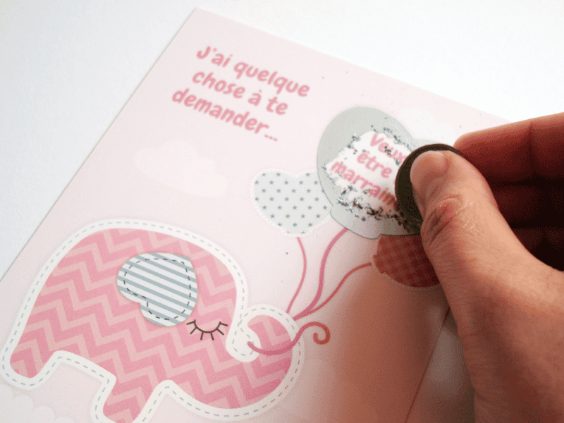 Carte à gratter demande de parrain/marraine, cadeaux parrain et marraine pour baptême - Collection doudou éléphant