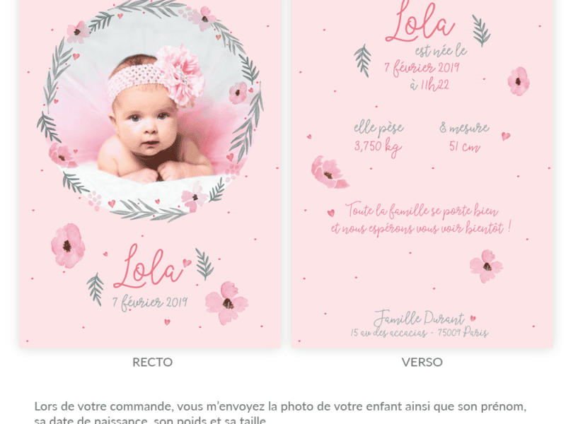 Faire-part de naissance personnalisable fille – Collection rose pastel