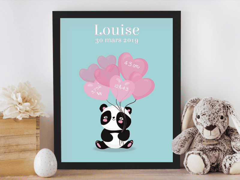 Affiche de naissance personnalisée pour chambre de bébé ou enfant - Cadeau de naissance, affiche panda et ballons coeurs