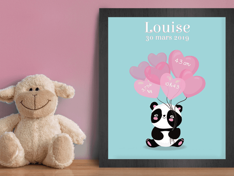 Affiche de naissance personnalisée pour chambre de bébé ou enfant – Cadeau de naissance, affiche panda et ballons coeurs Affiche de naissance personnalisée pour chambre de bébé ou enfant - Cadeau de naissance, affiche panda et ballons coeurs