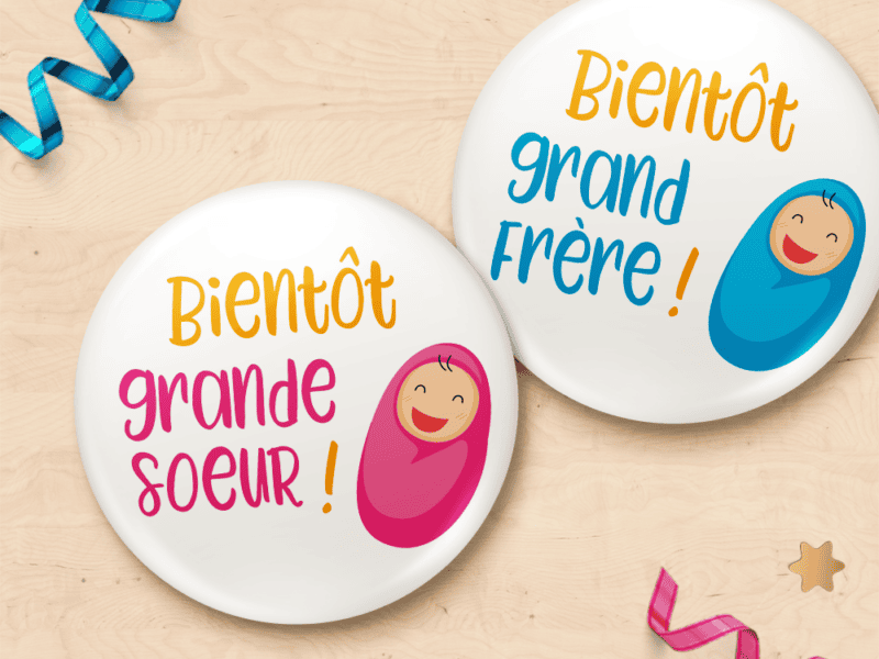 Badge annonce grossesse "Bientôt grande soeur" ou "Bientôt grand frère"