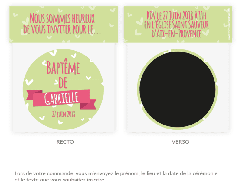 Faire-part de baptême avec magnet personnalisé – Collection cœurs vert et rose Faire-part de baptême avec magnet personnalisé - Collection cœurs vert et rose