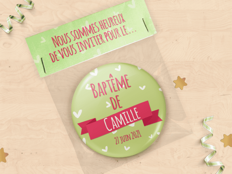Faire-part de baptême avec magnet personnalisé - Collection cœurs vert et rose
