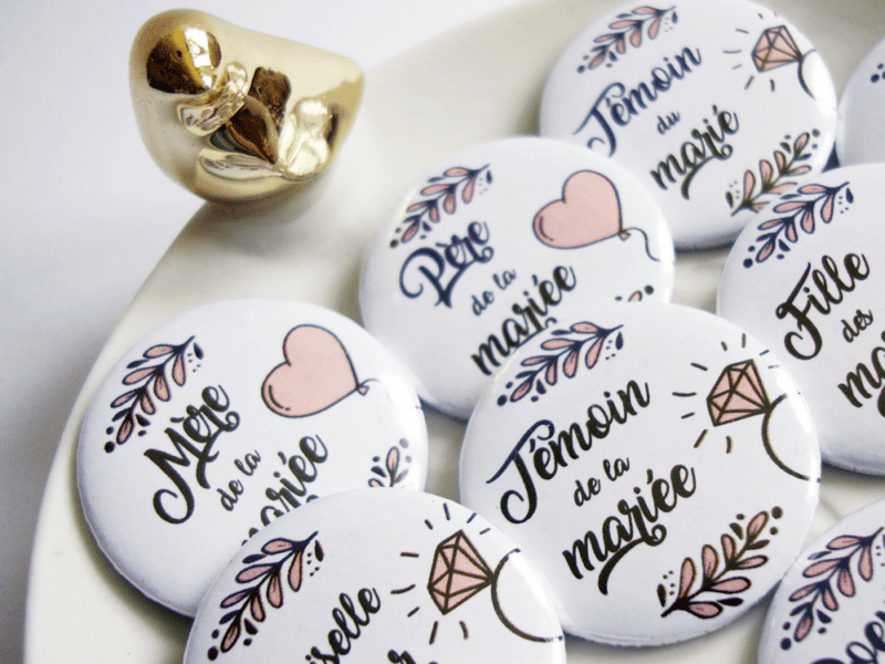 Badges de mariage pour témoins et famille - Collection douceur romantique