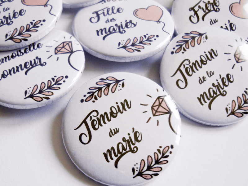 Badges de mariage pour témoins et famille - Collection douceur romantique