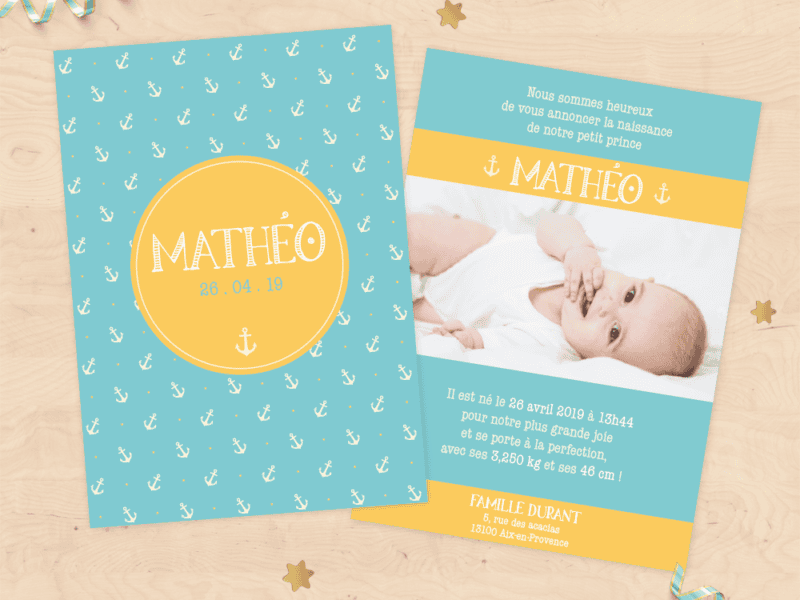 Faire-part de naissance personnalisé (fille ou garçon) - Ancres marin