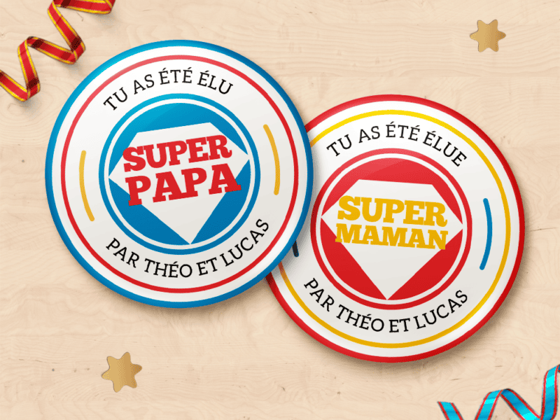 Badge pour cadeau papa ou maman personnalisable, Fête des mères, Fête des pères - Super papa / Super maman