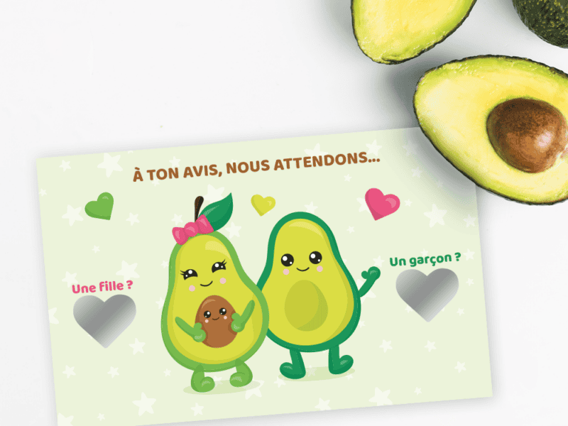 Mini carte à gratter annonce grossesse, sexe du bébé, fille ou garçon - collection avocat