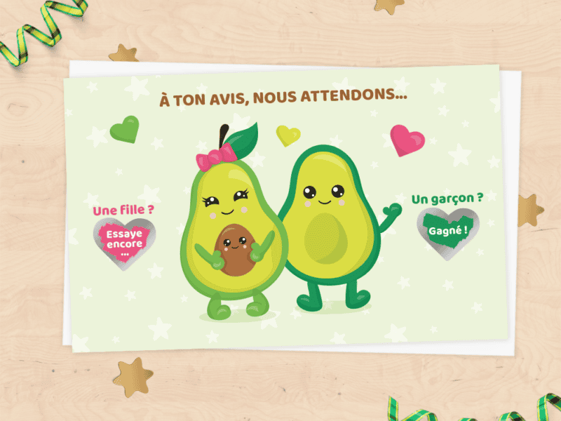 Mini carte à gratter annonce grossesse, sexe du bébé, fille ou garçon - collection avocat