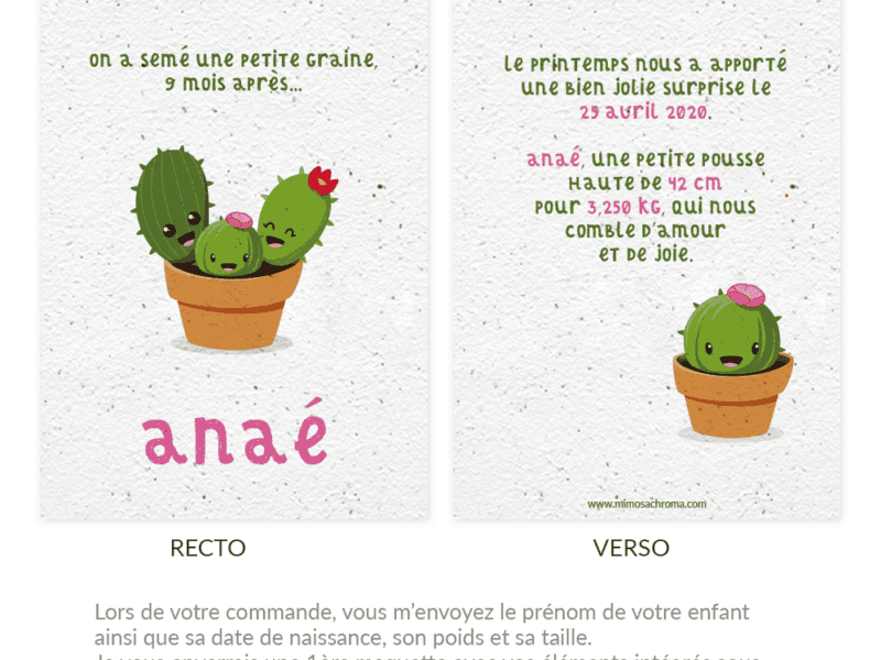 Faire-part de naissance personnalisé, carte à planter – collection cactus Faire-part de naissance personnalisé, carte à planter - collection cactus