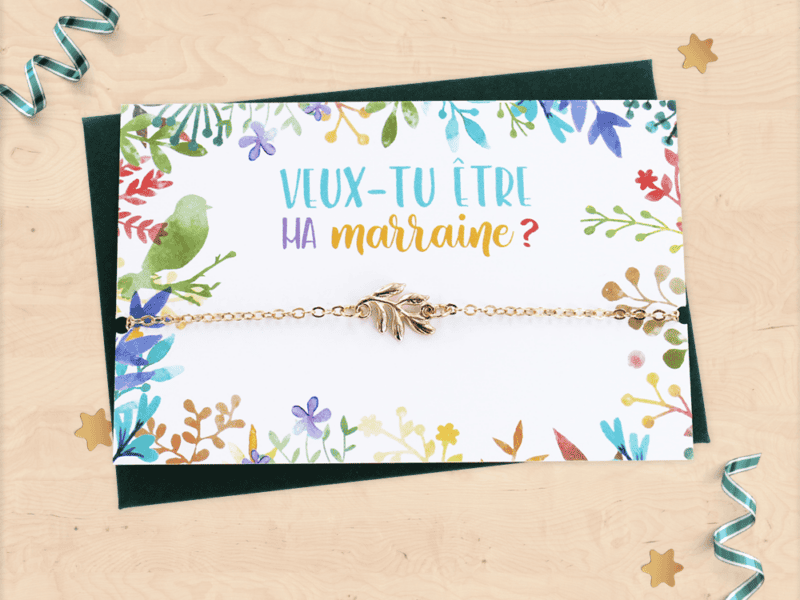 Carte demande de marraine avec bracelet doré - Veux-tu être ma marraine ?