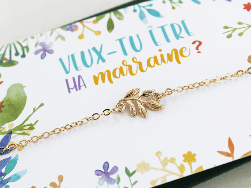 Carte demande de marraine avec bracelet doré - Veux-tu être ma marraine ?