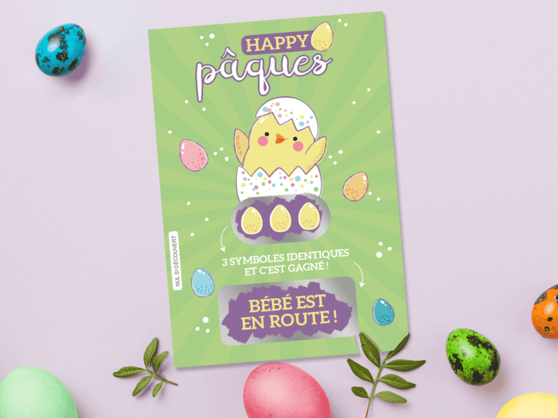 Carte à gratter annonce grossesse – Style ticket de jeu à gratter spécial Pâques Carte à gratter annonce grossesse - Style ticket de jeu à gratter spécial Pâques