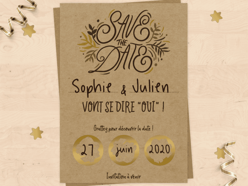 Save the date à gratter, faire-part de mariage à personnaliser - Kraft et végétal pour mariage champêtre, rustique