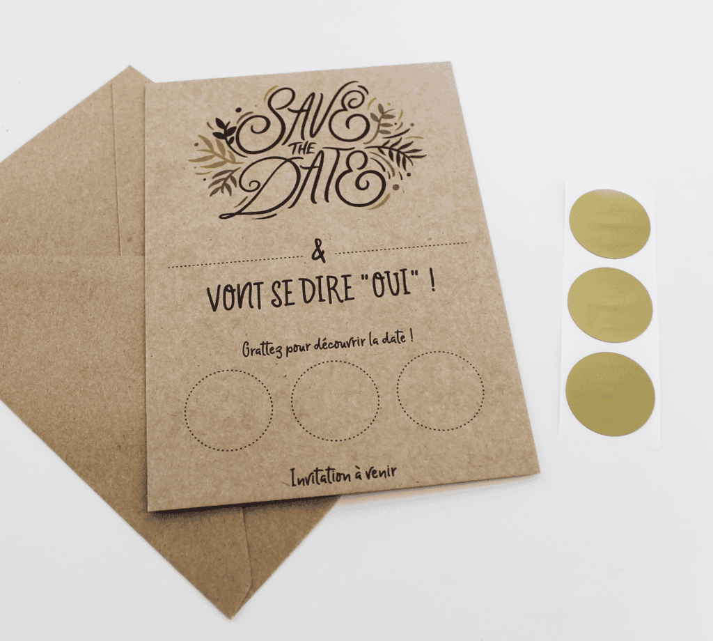 Save the date à gratter, faire-part de mariage à personnaliser - Kraft et végétal pour mariage champêtre, rustique