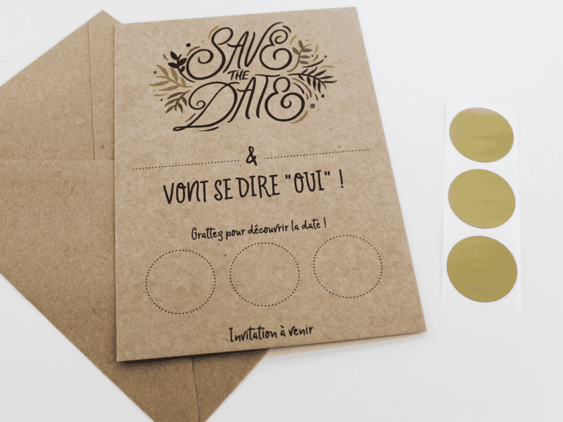 Save the date à gratter, faire-part de mariage à personnaliser - Kraft et végétal pour mariage champêtre, rustique