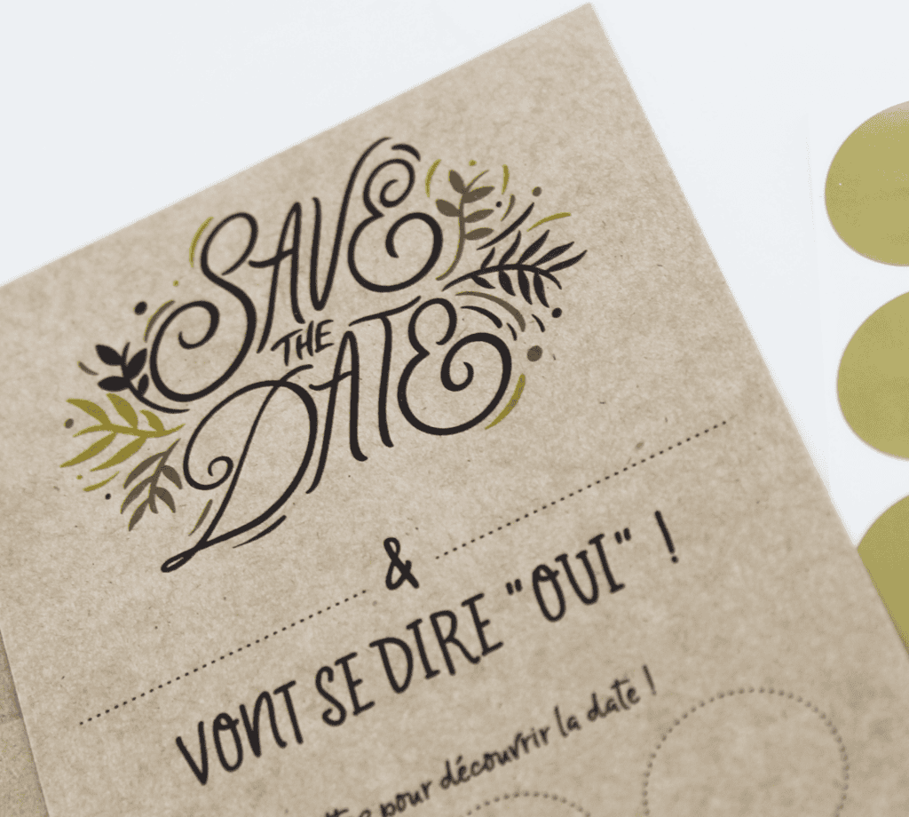 Save the date à gratter, faire-part de mariage à personnaliser - Kraft et végétal pour mariage champêtre, rustique
