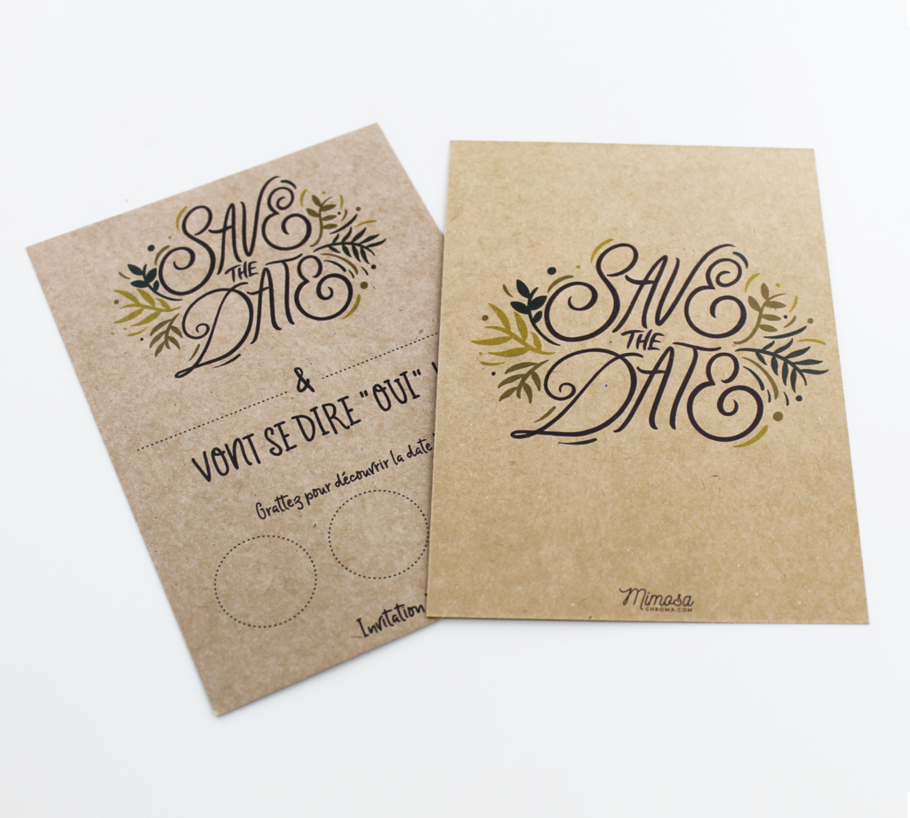 Save the date à gratter, faire-part de mariage à personnaliser - Kraft et végétal pour mariage champêtre, rustique