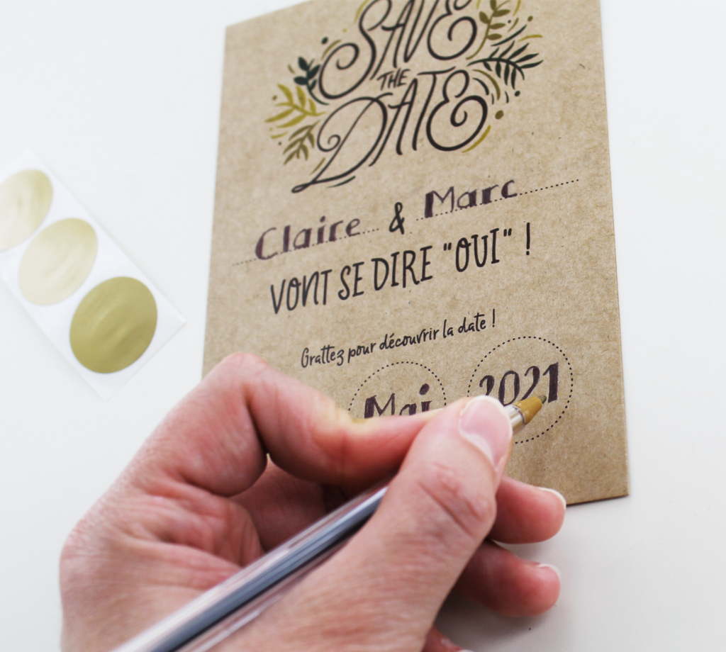 Save the date à gratter, faire-part de mariage à personnaliser - Kraft et végétal pour mariage champêtre, rustique