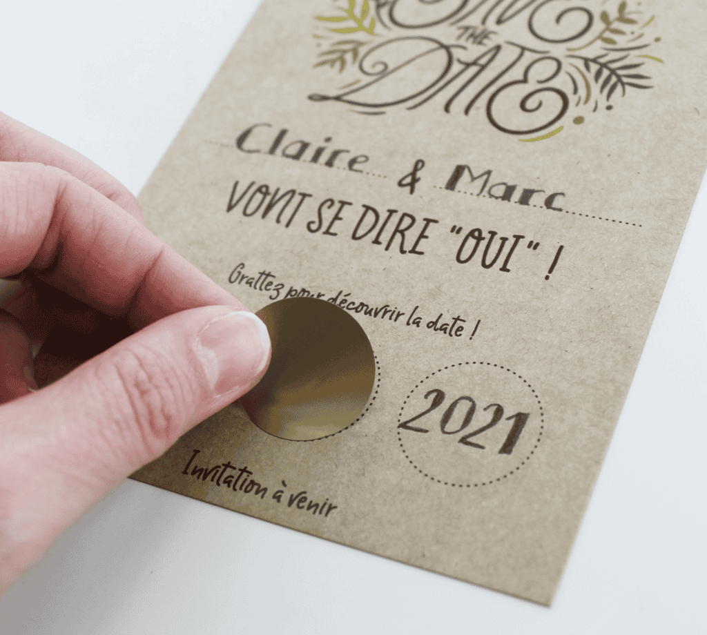 Save the date à gratter, faire-part de mariage à personnaliser - Kraft et végétal pour mariage champêtre, rustique